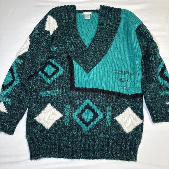 Vtg Susann D Sweater M Teal Ivory Geo Abstract Chunky Knit Wool Angora Blend EUC - Picture 1 of 13